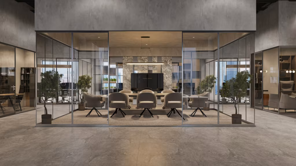 Meeting room enclosed by frameless glass partitions in a modern office