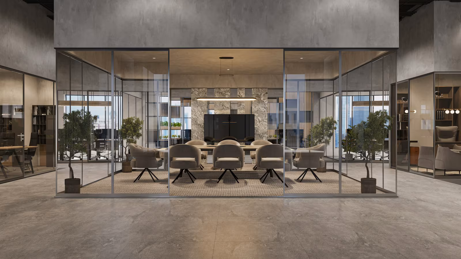 Meeting room enclosed by frameless glass partitions in a modern office
