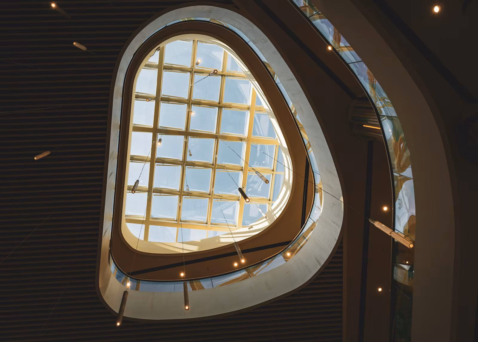 Large geometric glass skylight inside a modern building