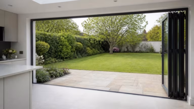 Aluminium bifold doors folded open from a kitchen extension to the garden