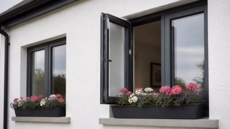 Anthracite aluminium casement windows with one sash open
