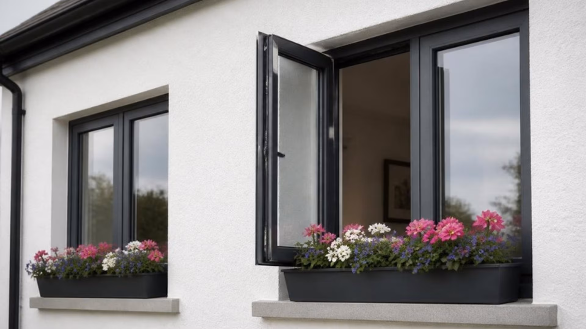 Anthracite aluminium casement windows with one sash open