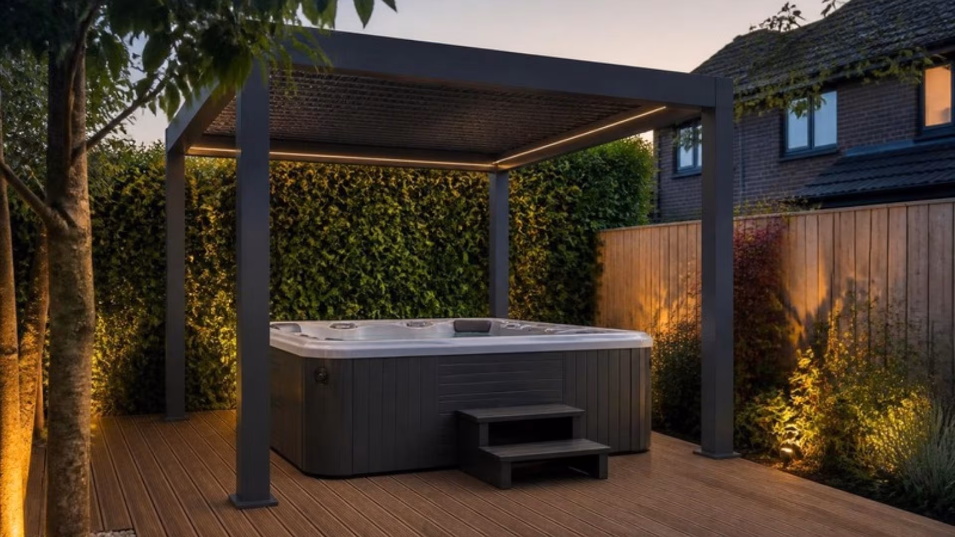 Aluminium gazebo with a louvred roof over a hot tub