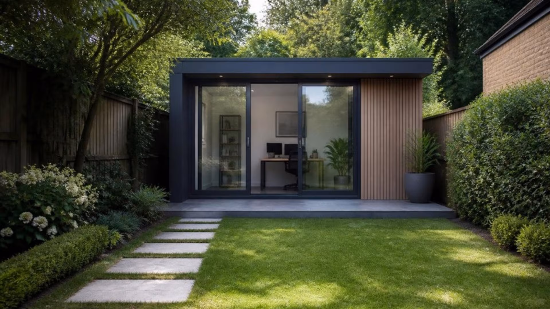 Aluminium and glass garden room at the end of a back garden