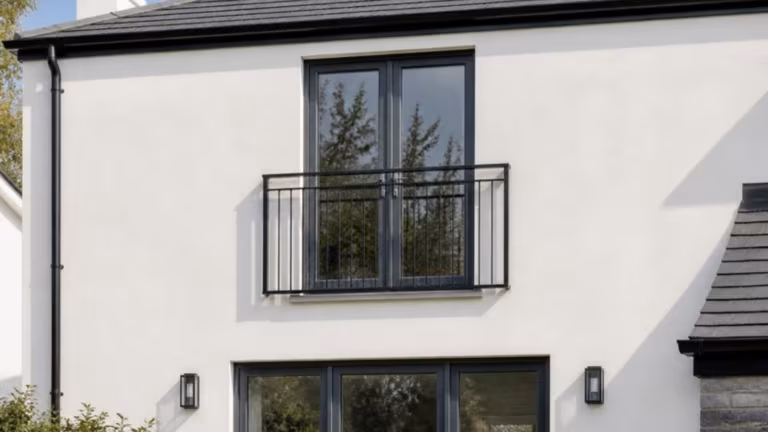 Black aluminium bar Juliet balcony on first-floor French doors
