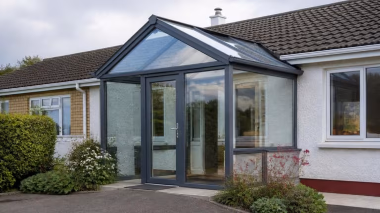 Aluminium framed glass porch with a pitched roof on a bungalow