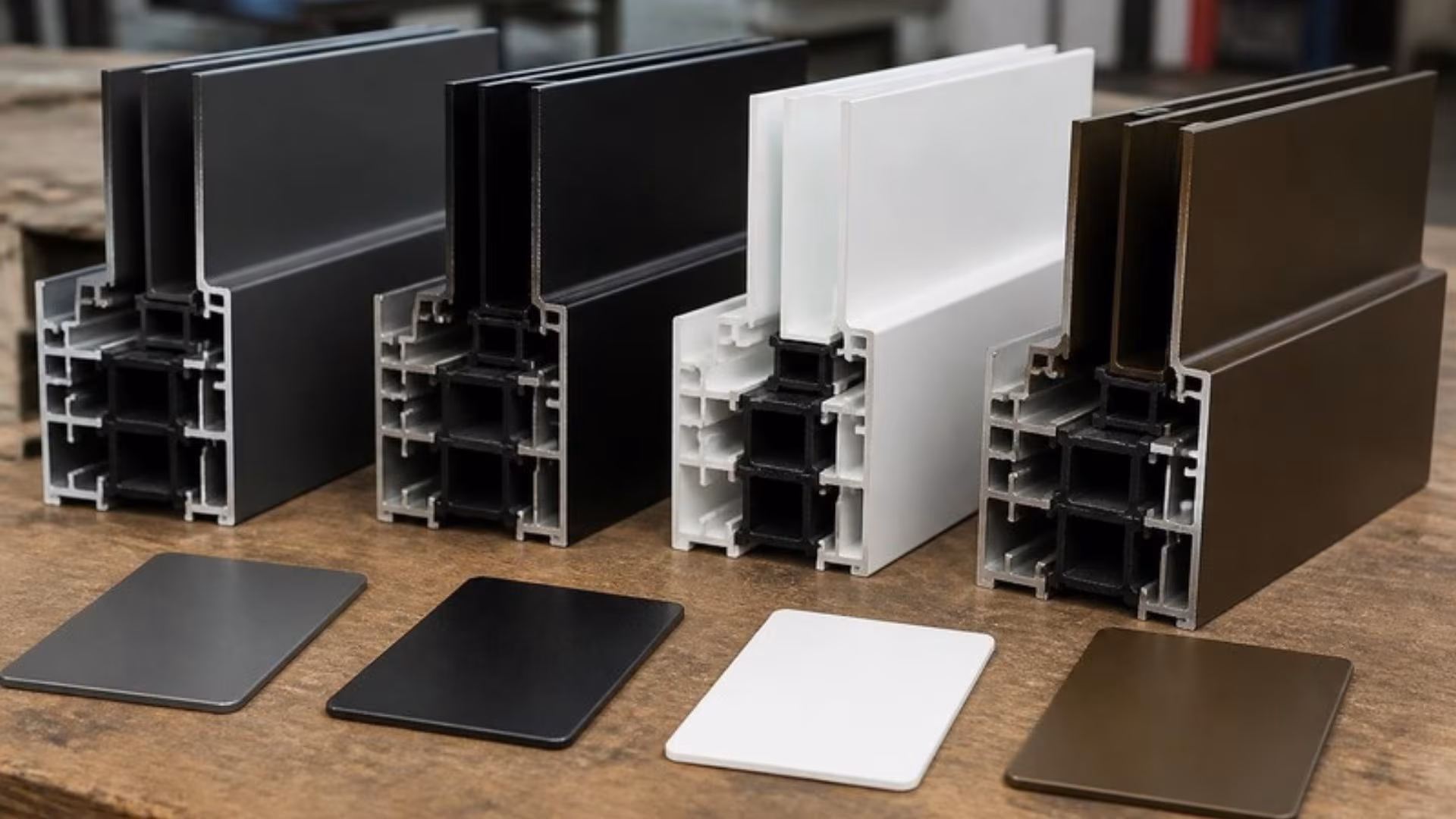 Aluminium frame profile samples with powder coat colour swatches