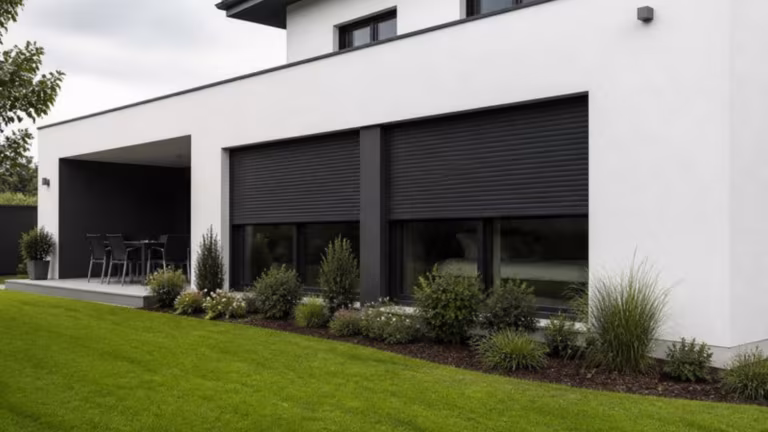 Anthracite aluminium roller shutters on the windows of a modern house