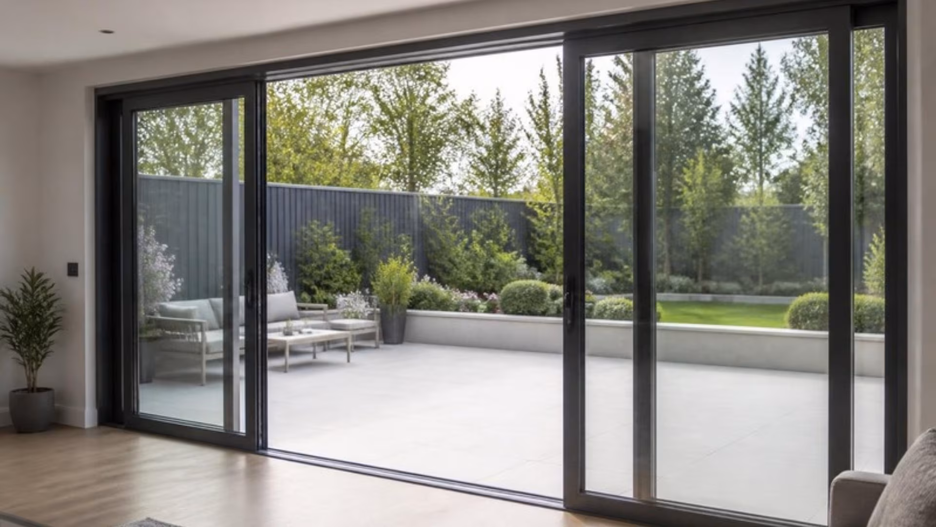 Slim aluminium sliding patio doors opening onto a garden patio