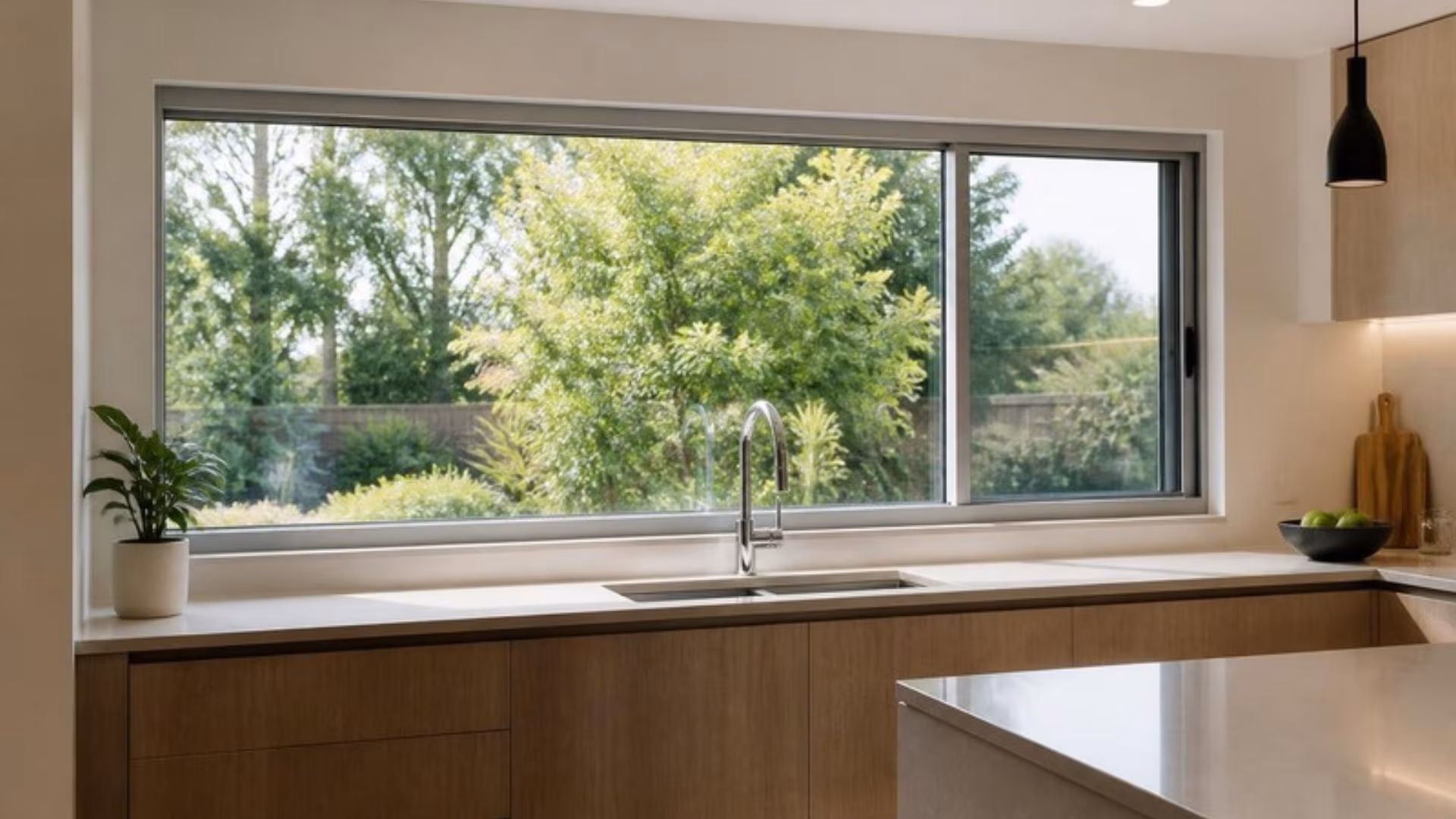 Wide aluminium sliding window above a kitchen sink