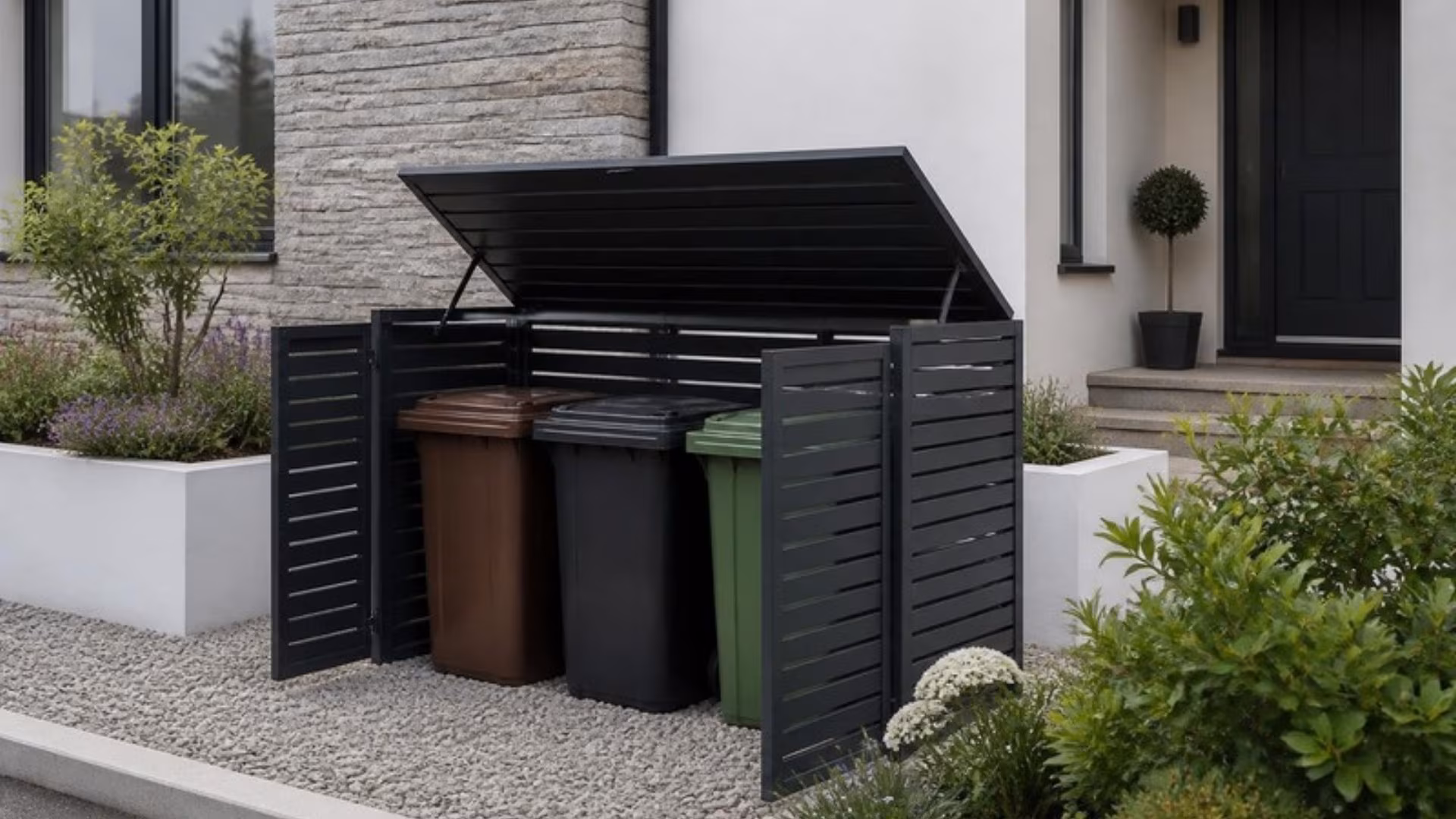Slatted aluminium bin store holding three wheelie bins in a front garden