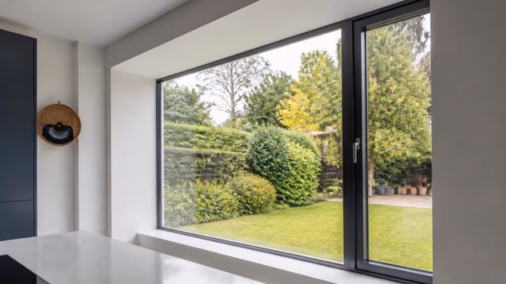 Kitchen extension with large anthracite aluminium windows looking onto a garden