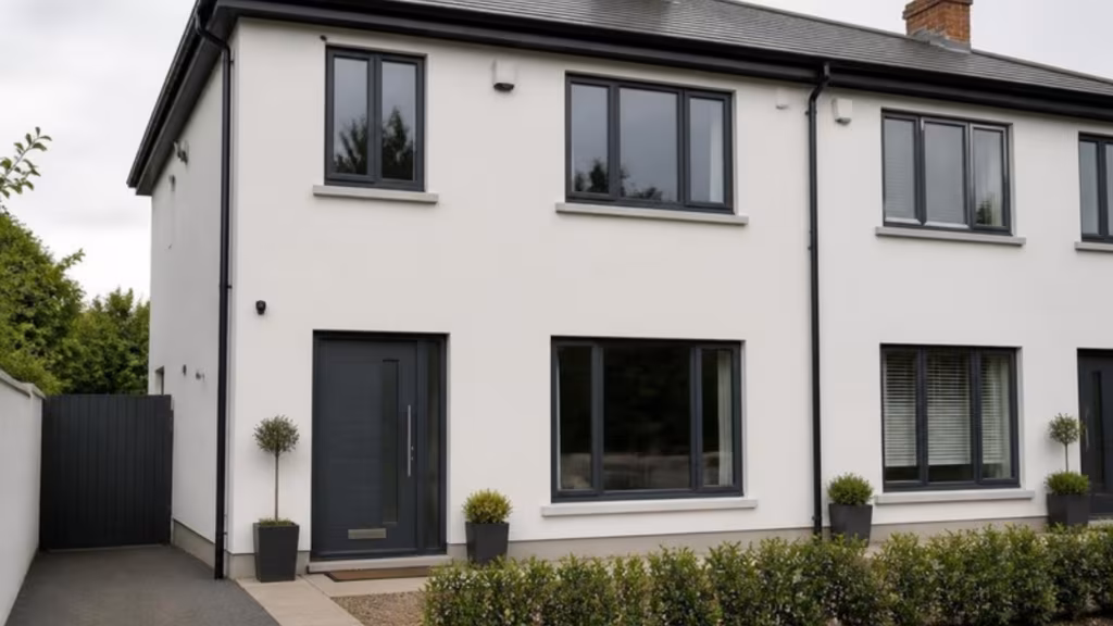Semi-detached house with anthracite grey aluminium windows and front door