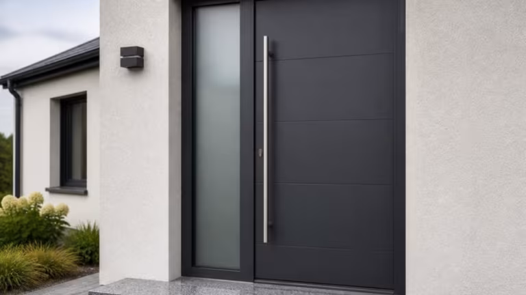 Anthracite aluminium front door with a long pull handle and frosted sidelight