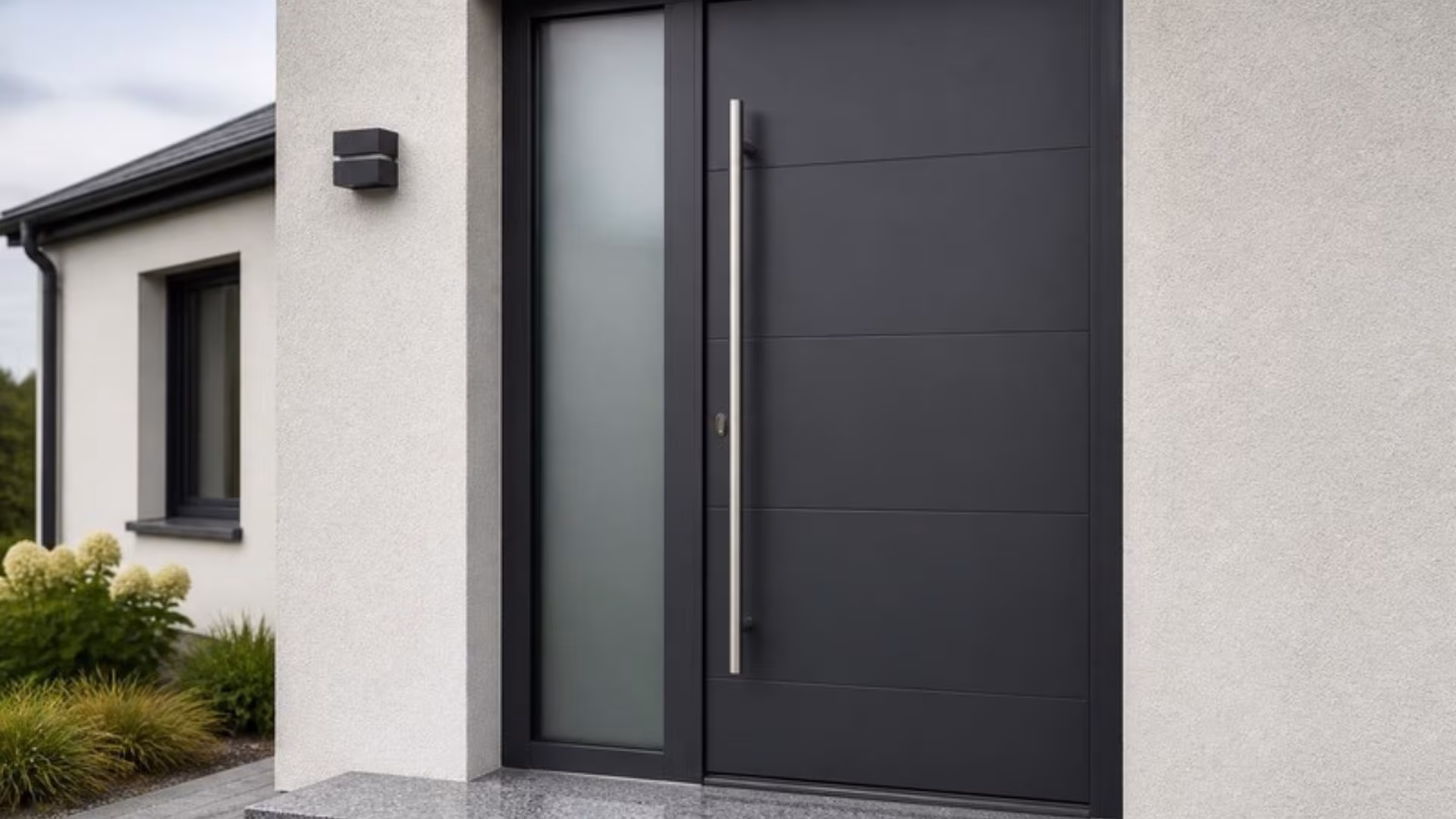 Anthracite aluminium front door with a long pull handle and frosted sidelight