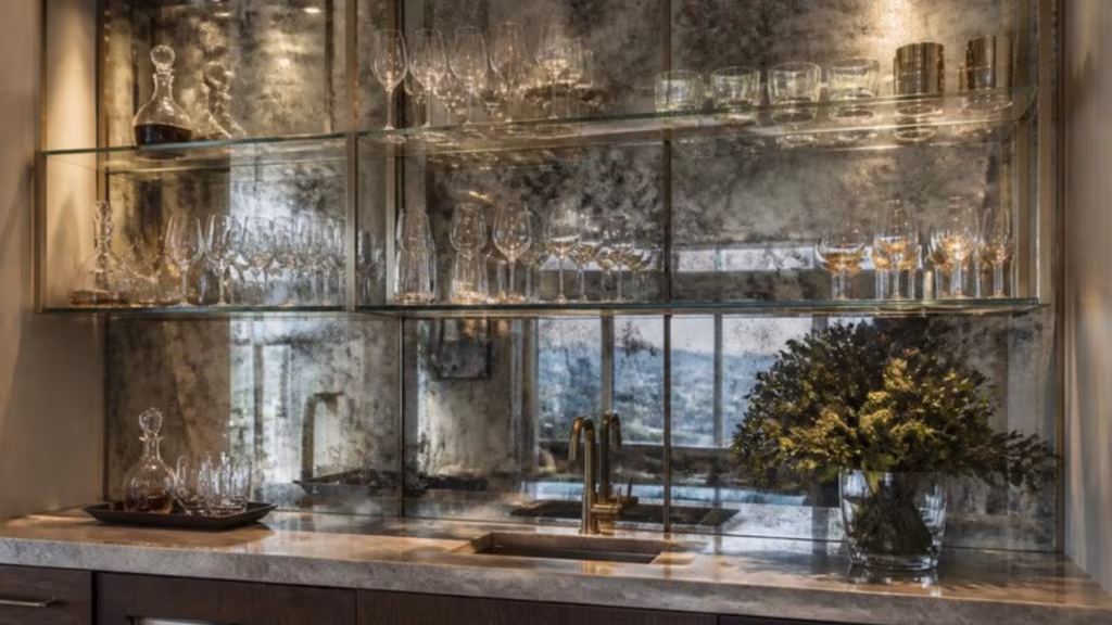 Antique mirror wall behind a home bar