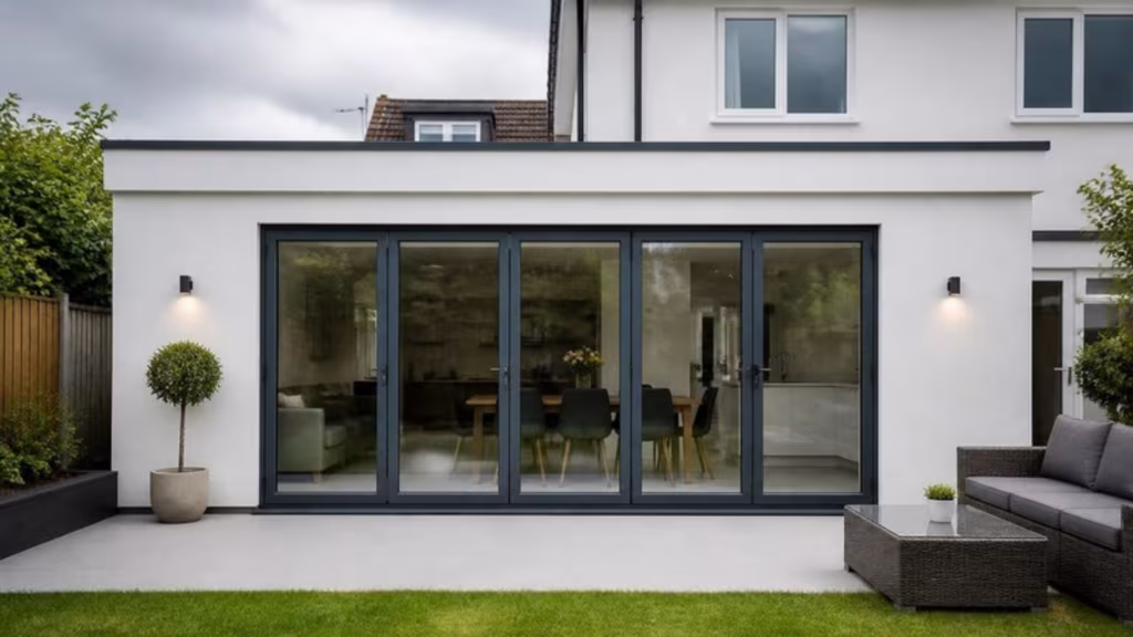Five-panel anthracite bifold doors closed on a rendered rear extension