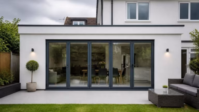 Five-panel anthracite bifold doors closed on a rendered rear extension