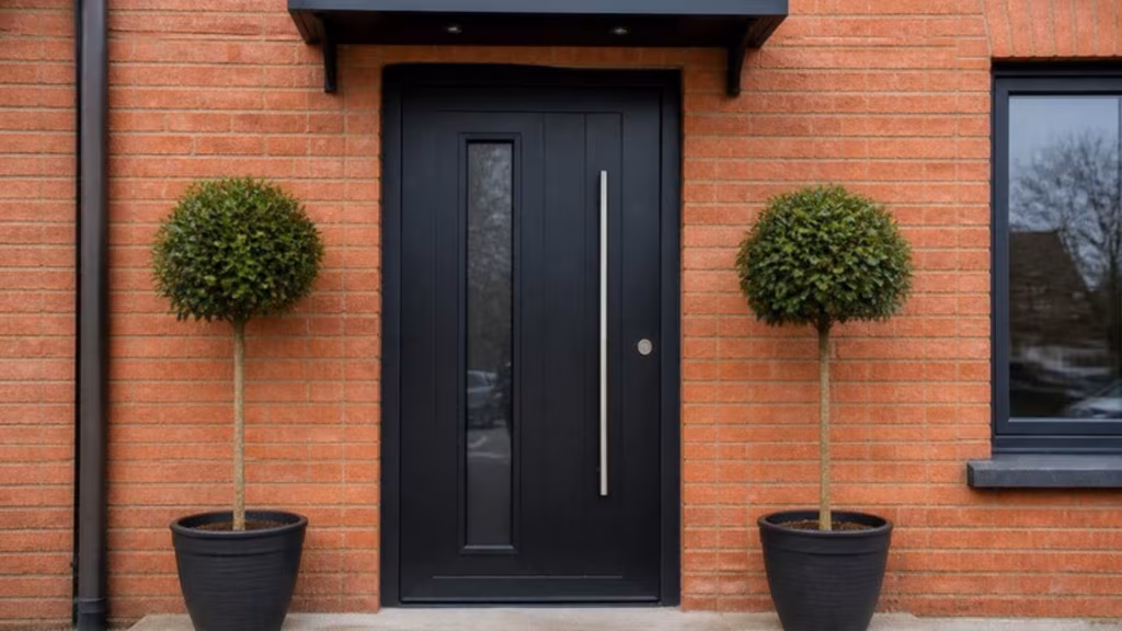 Black aluminium front door with a vertical glass strip on a red-brick house