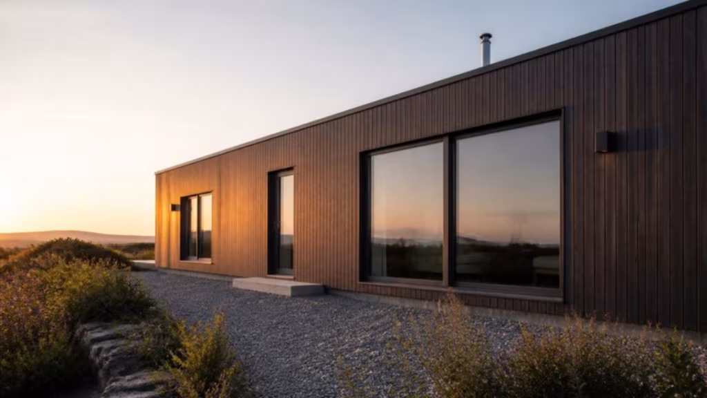 Bungalow with timber cladding and slim black aluminium sliding windows
