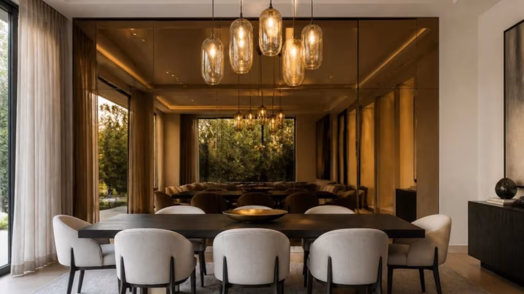 Bronze tinted mirror panels on a dining room wall