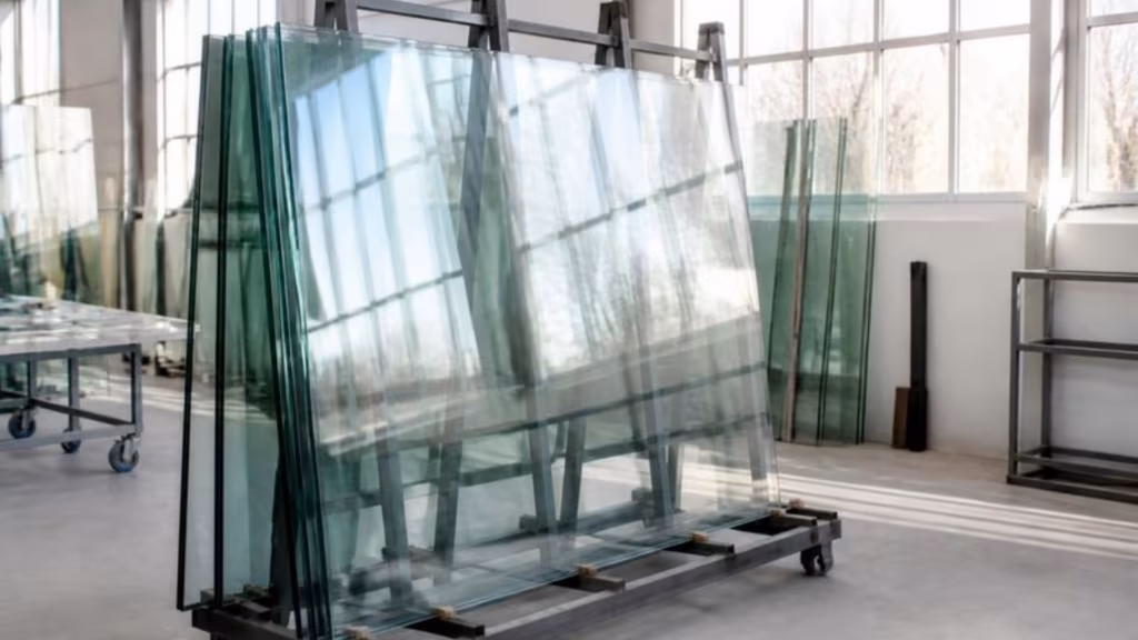 Sheets of clear float glass on an A-frame rack in a glass workshop