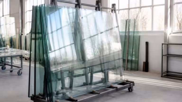 Sheets of clear float glass on an A-frame rack in a glass workshop