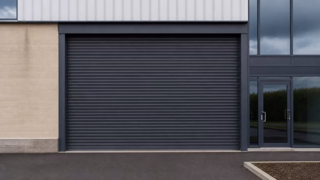 Solid security roller shutter closed on a commercial unit