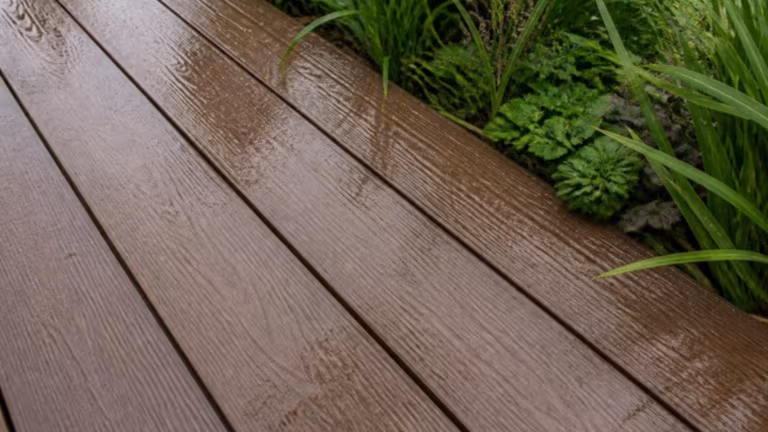 Close-up of wood-grain composite decking boards wet after rain
