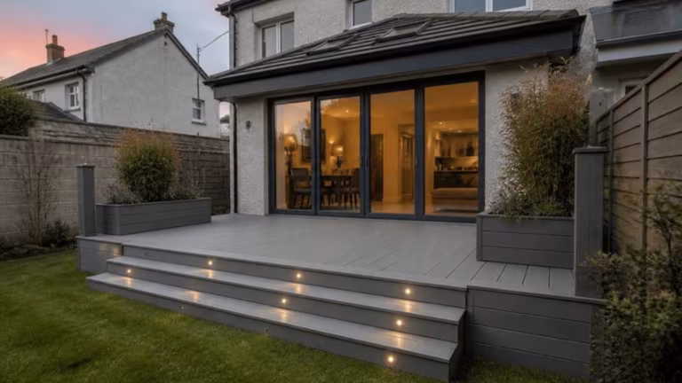 Grey composite decking with steps and LED step lights at dusk