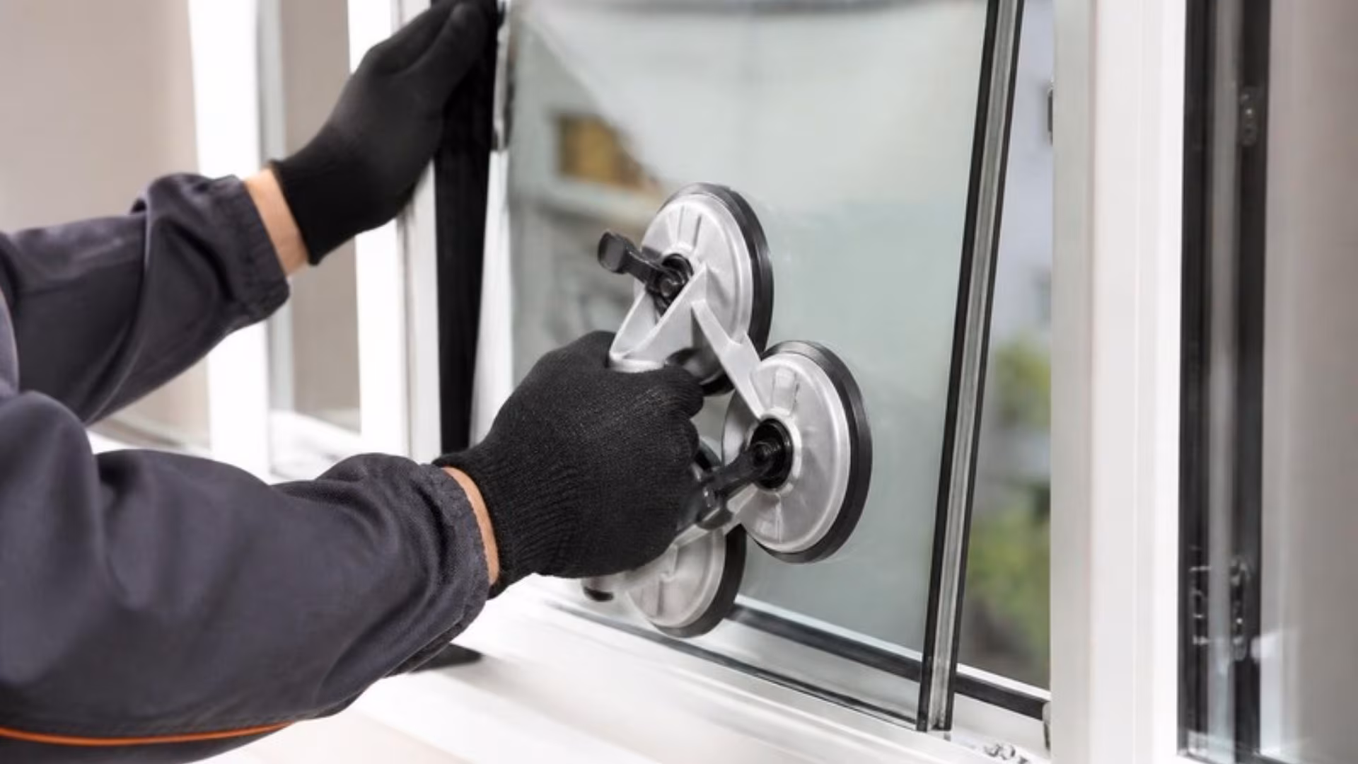 Glazier fitting a new double glazed unit into a window frame