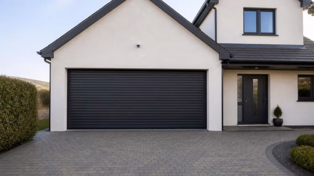 Anthracite electric roller garage door on a detached house