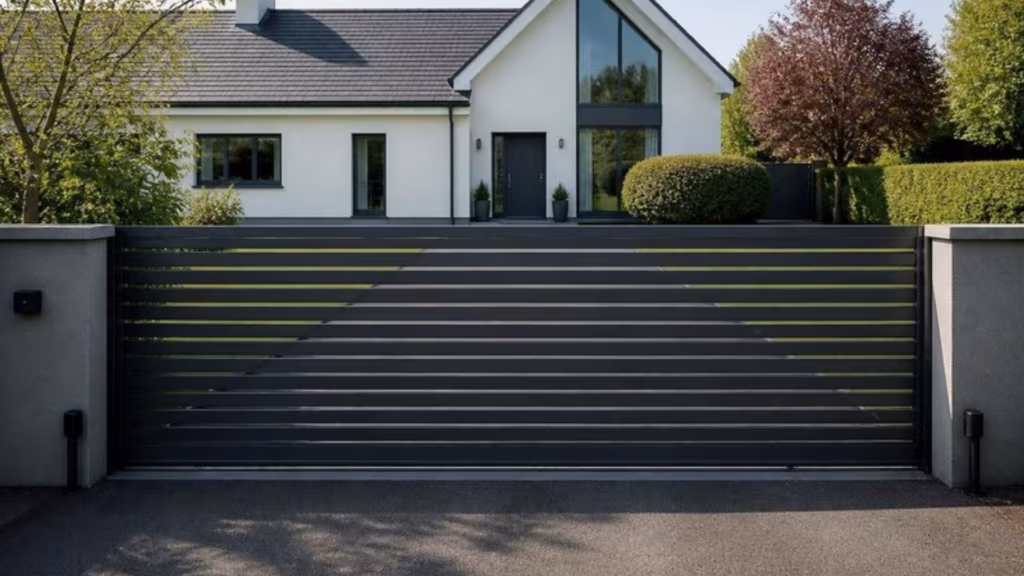 Anthracite aluminium electric sliding gate across a driveway