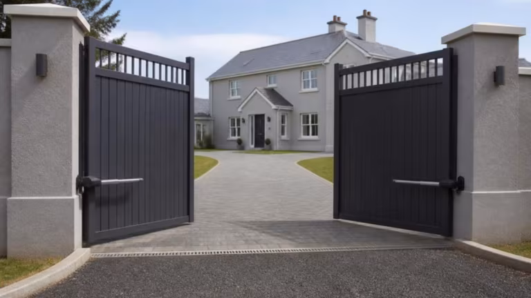 Anthracite electric swing gates with automatic arms opening onto a drive