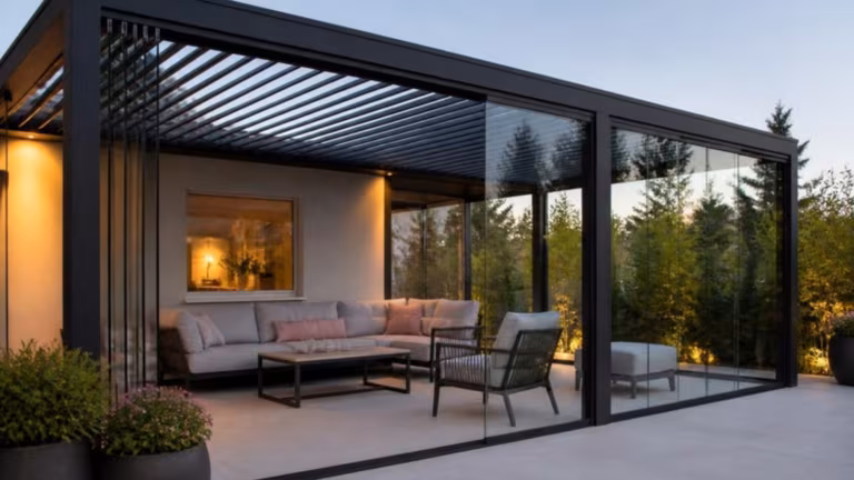 Louvred pergola enclosed with frameless sliding glass panels