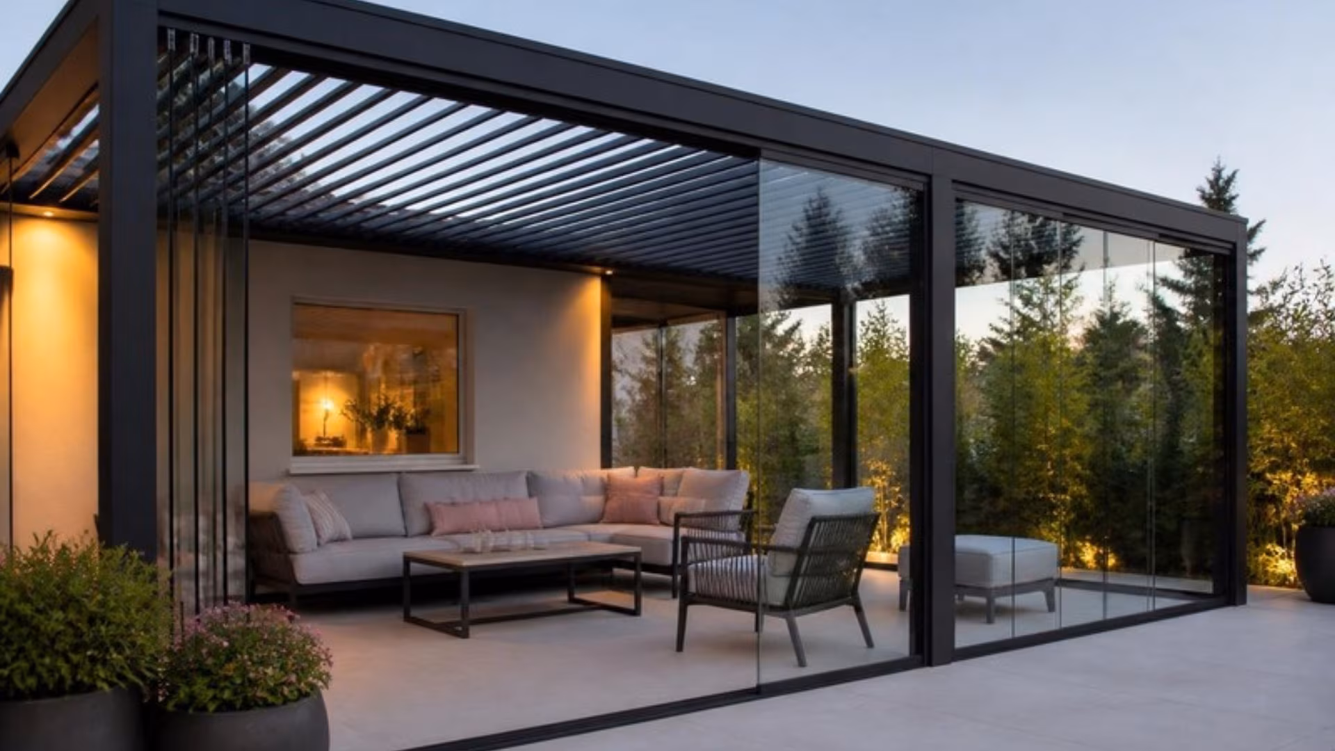 Louvred pergola enclosed with frameless sliding glass panels