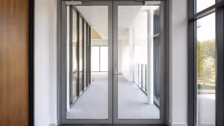 Fire-rated glazed doors with slim frames across an office corridor