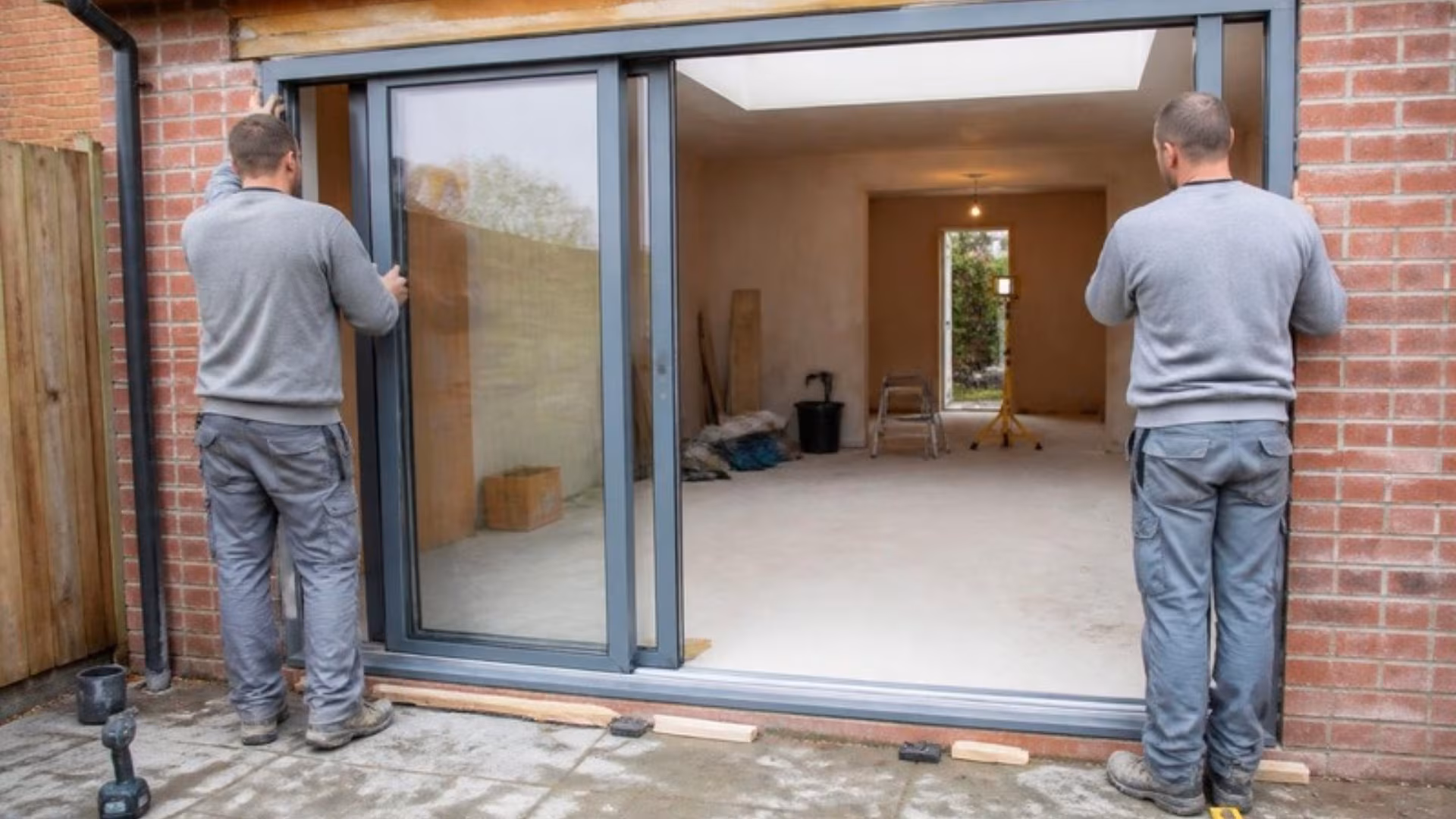 Two fitters installing a large aluminium sliding door frame