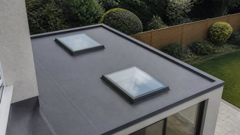 Flat-roof extension with two frameless glass rooflights seen from above