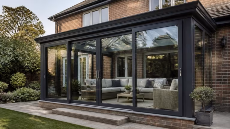 Veranda enclosed with aluminium-framed sliding glass doors