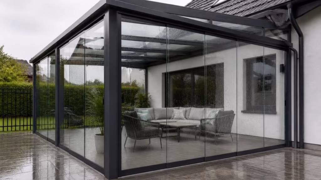 Veranda with framed sliding glass sides closed on a rainy day