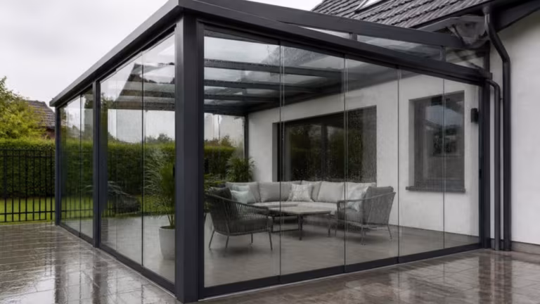 Veranda with framed sliding glass sides closed on a rainy day