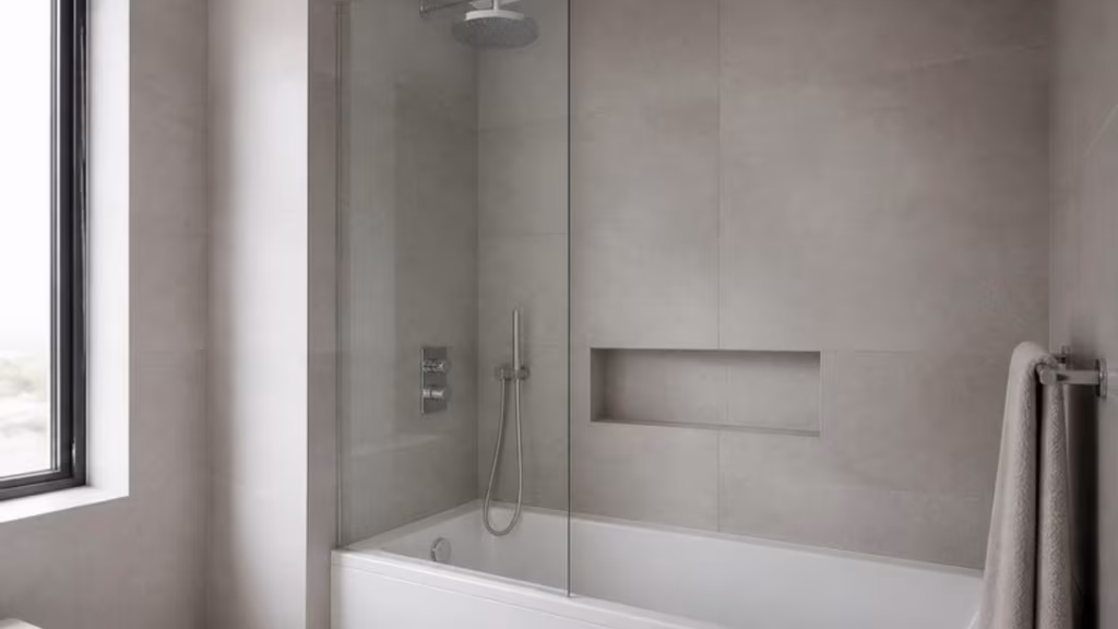 Fixed frameless glass bath screen over a white bath