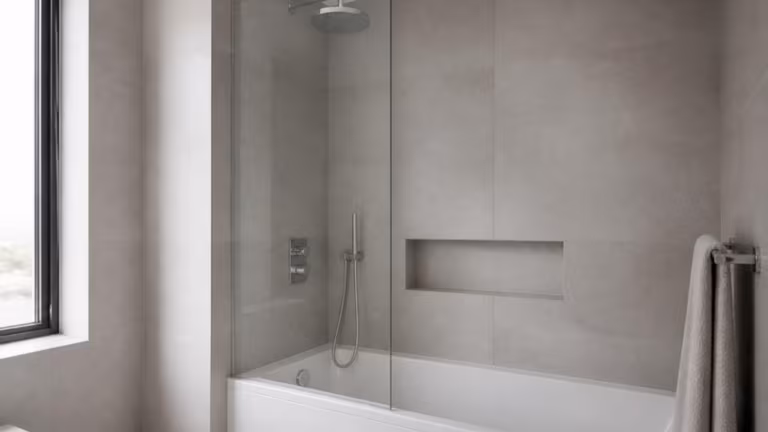 Fixed frameless glass bath screen over a white bath
