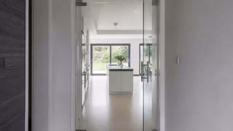 Frameless glass internal door with steel patch fittings