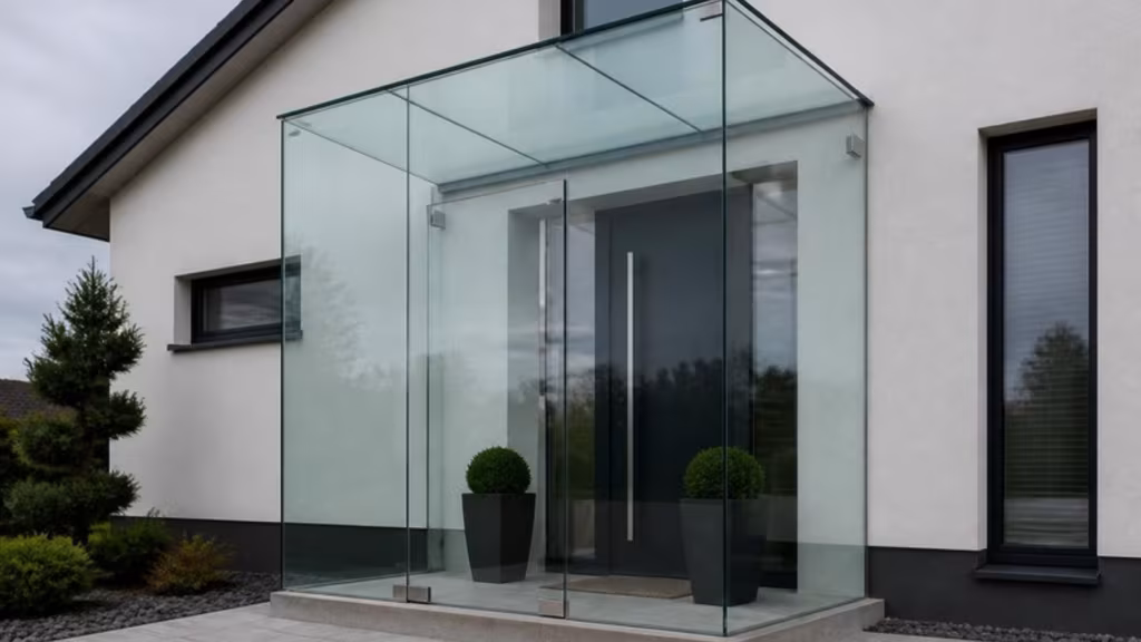 Frameless glass porch around a front door on a modern house
