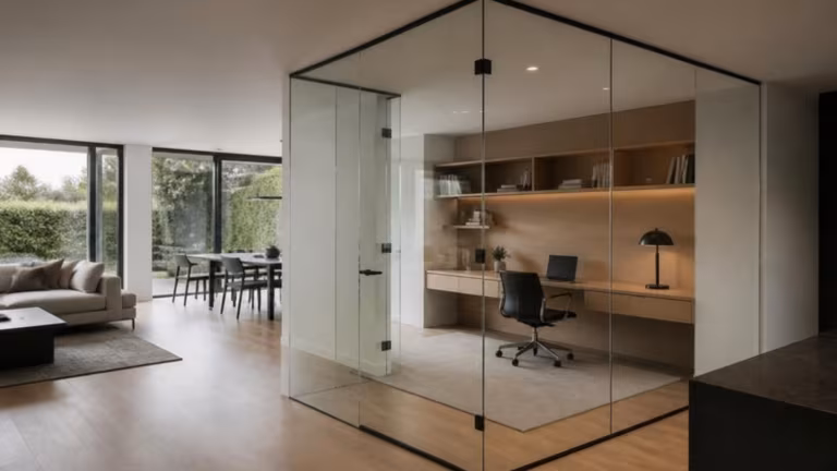 Frameless glass partition enclosing a home office in an open-plan room