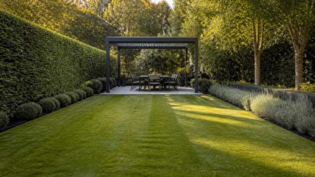 Freestanding aluminium gazebo over a dining table at the end of a lawn