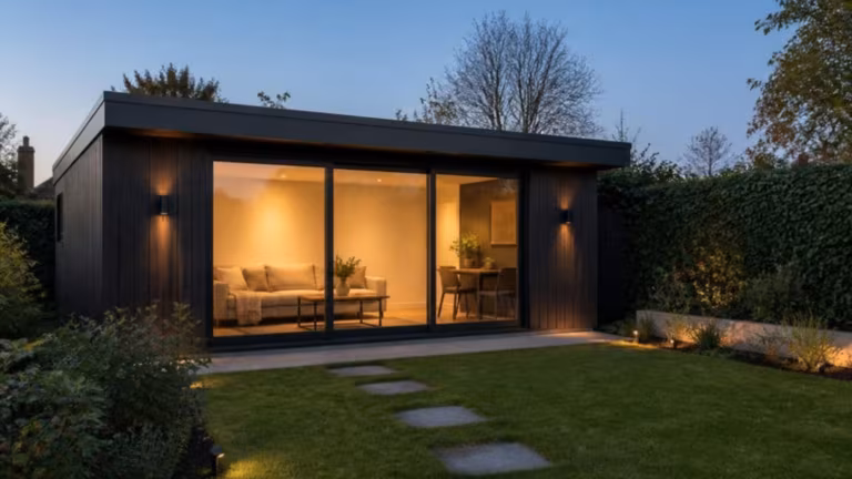 Timber-clad garden room with aluminium sliding doors at dusk