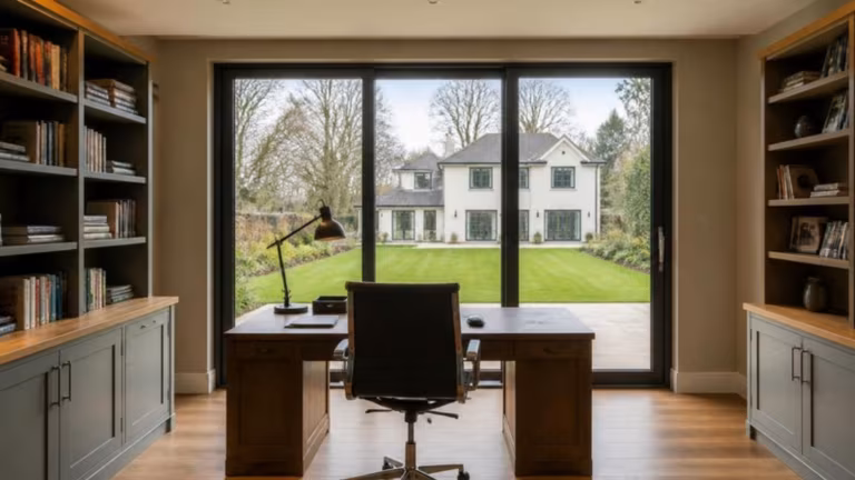 Garden room home office with a desk facing glass doors